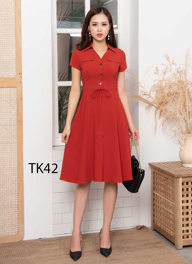 Đầm đỏ dáng xòe tay lỡ cổ sơ mi KK10316  Thời trang công sở KK Fashion